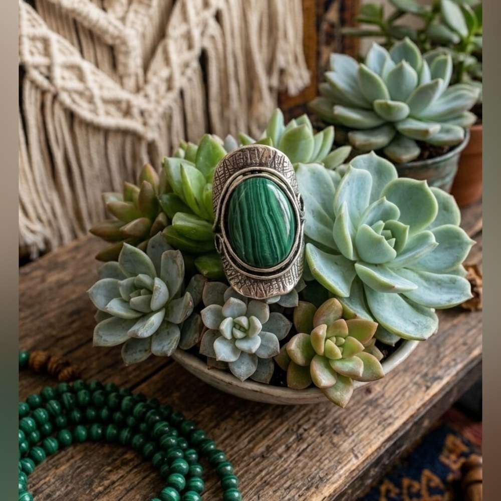 Passage Israel Signed 925 Sterling Silver Malachite Boho Statement Ring Size 6